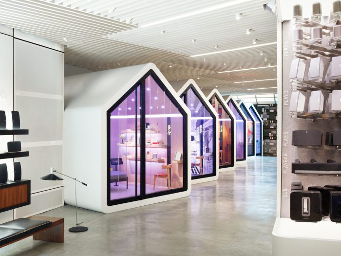 The row of listening rooms at the Sonos flagship